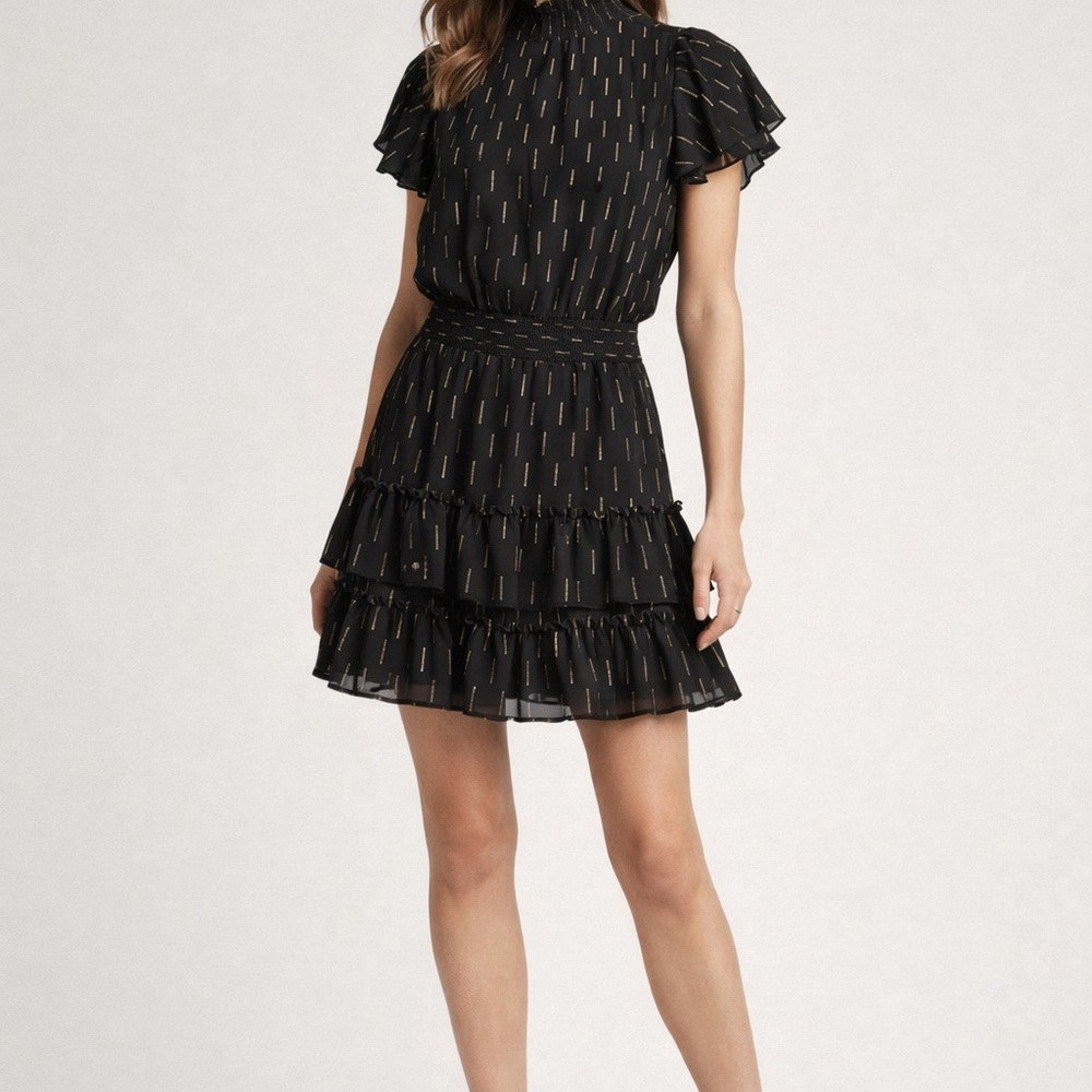 MSK Black Gold Tiered Ruffle Party Dress Size L NWT